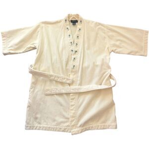 Vintage Turkish 100% Cotton Terry Cloth Bathrobe XS Blue Floral Embroidery Tie